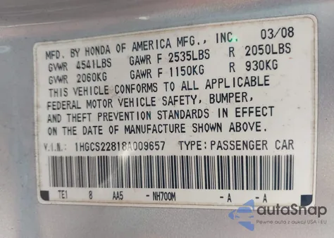 2008 Honda Accord 3.5 Ex-L z USA, uszkodzony, nr VIN 1HGCS22818A009657